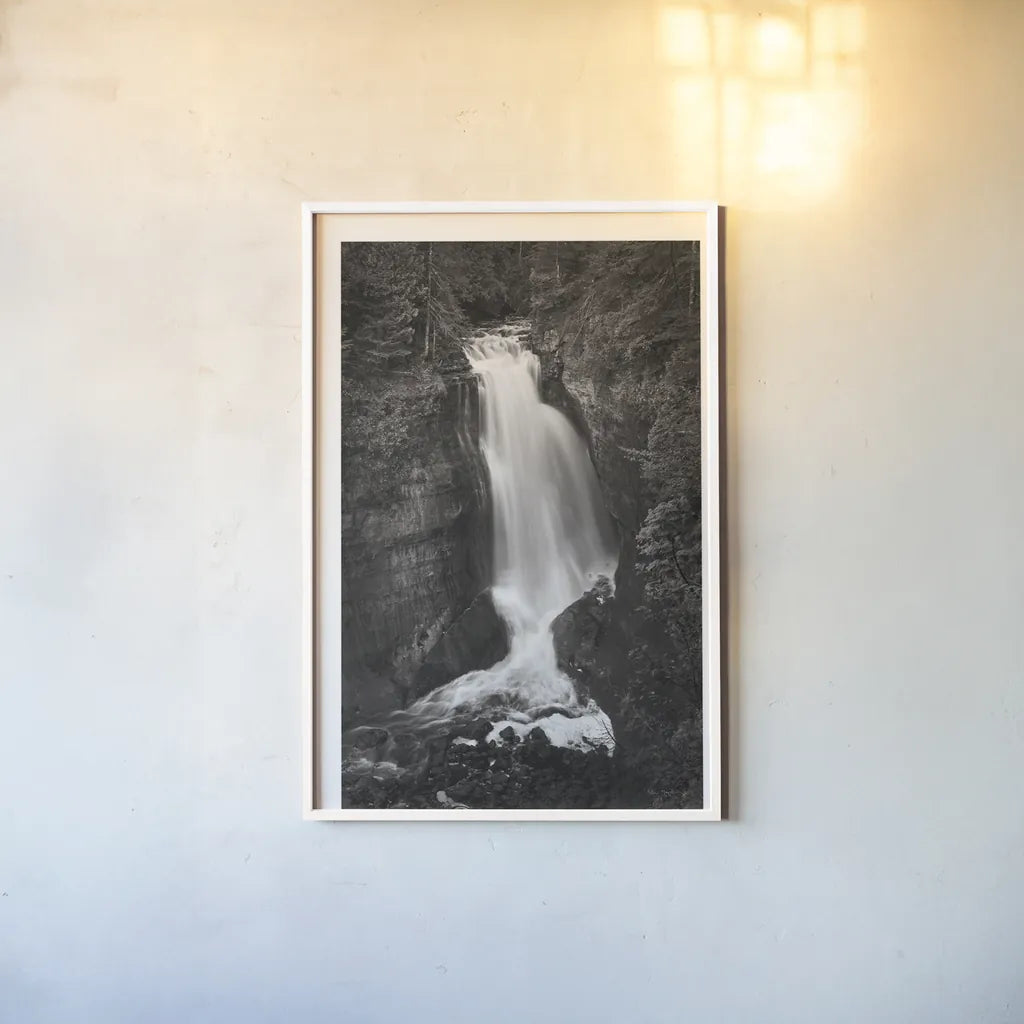 Miners Falls Michigan BW by Alan Majchrowicz. shown as a paper print in a white frame. Available as a archival giclee rolled canvas, fine art paper, or poster print. SKU 50166h.