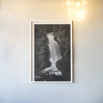 Miners Falls Michigan BW by Alan Majchrowicz. shown as a paper print in a white frame. Available as a archival giclee rolled canvas, fine art paper, or poster print. SKU 50166h.