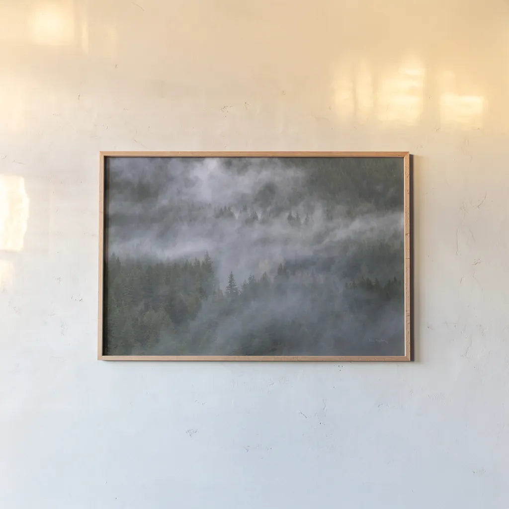 Misty Mountains North Cascades by Alan Majchrowicz. shown as a paper print in a natural frame. Available as a archival giclee rolled canvas, fine art paper, or poster print. SKU 81528i.