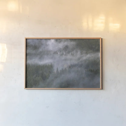 Misty Mountains North Cascades by Alan Majchrowicz. shown as a paper print in a natural frame. Available as a archival giclee rolled canvas, fine art paper, or poster print. SKU 81528i.