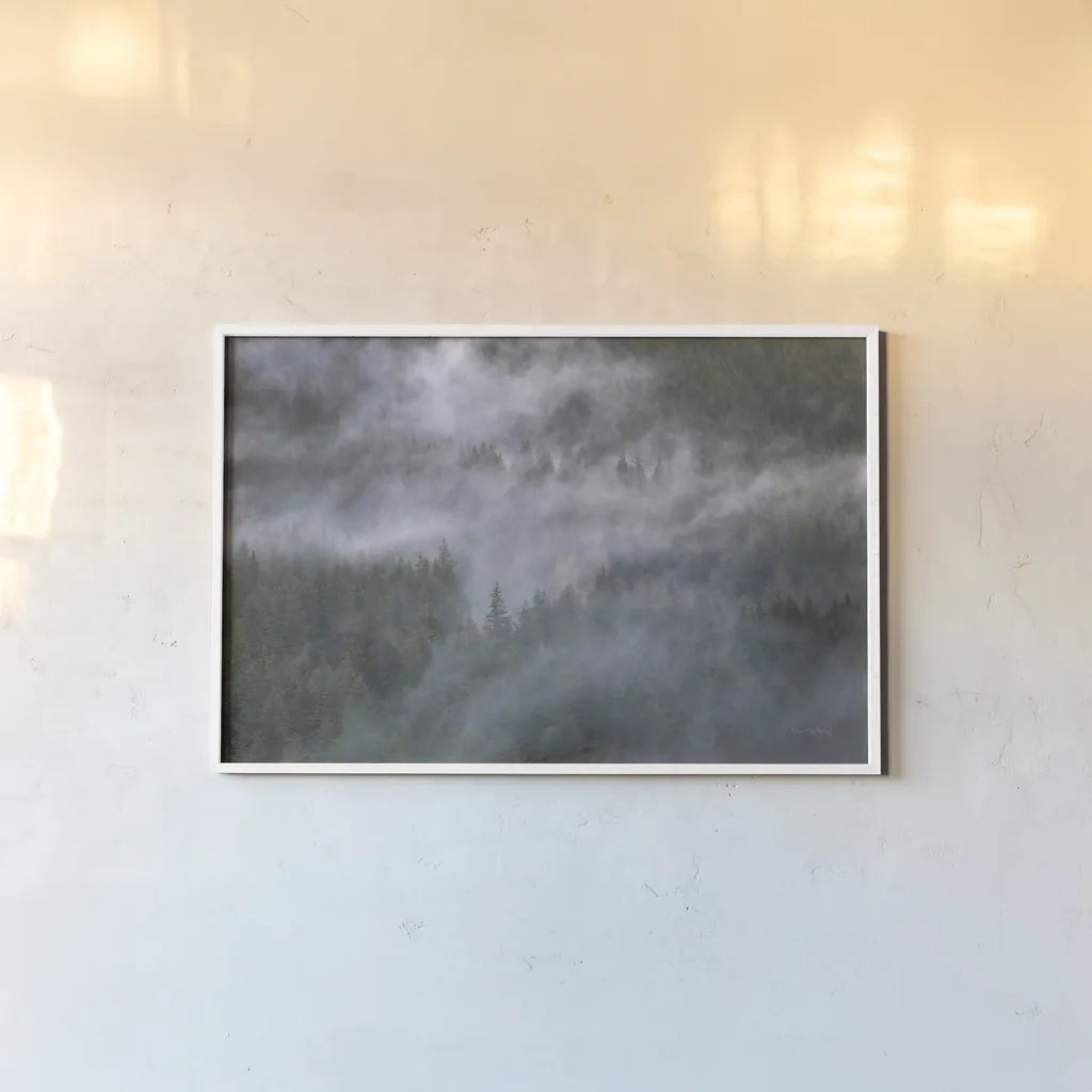 Misty Mountains North Cascades by Alan Majchrowicz. shown as a paper print in a white frame. Available as a archival giclee rolled canvas, fine art paper, or poster print. SKU 81528i.