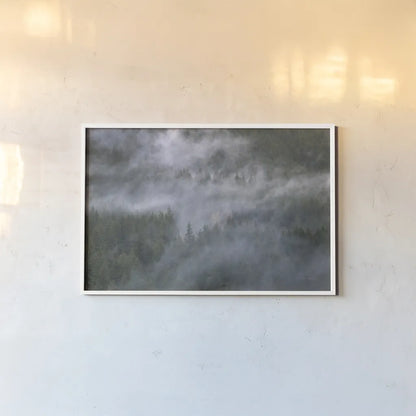 Misty Mountains North Cascades by Alan Majchrowicz. shown as a paper print in a white frame. Available as a archival giclee rolled canvas, fine art paper, or poster print. SKU 81528i.