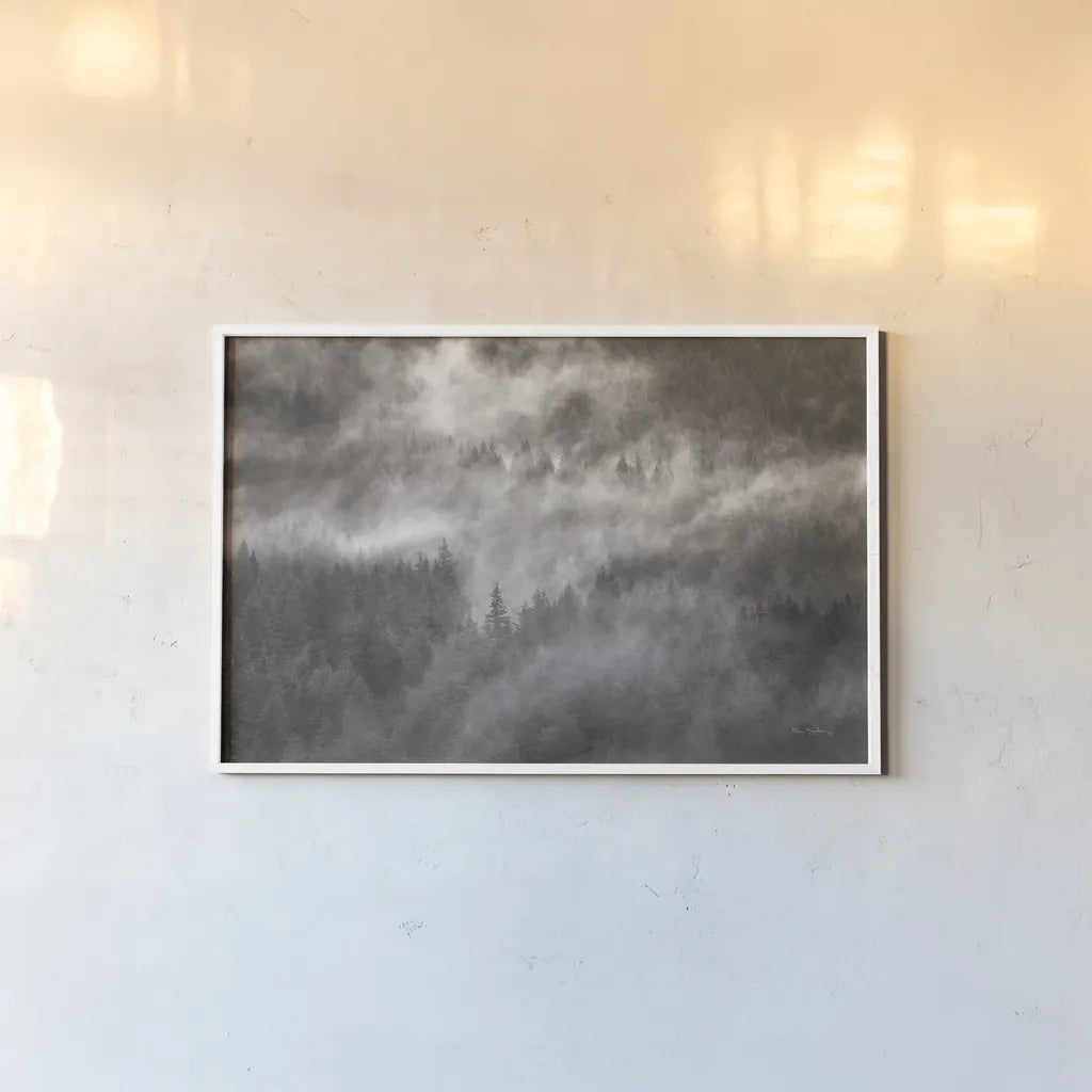 Misty Mountains North Cascades by Alan Majchrowicz. shown as a paper print in a white frame. Available as a archival giclee rolled canvas, fine art paper, or poster print. SKU 81529i.