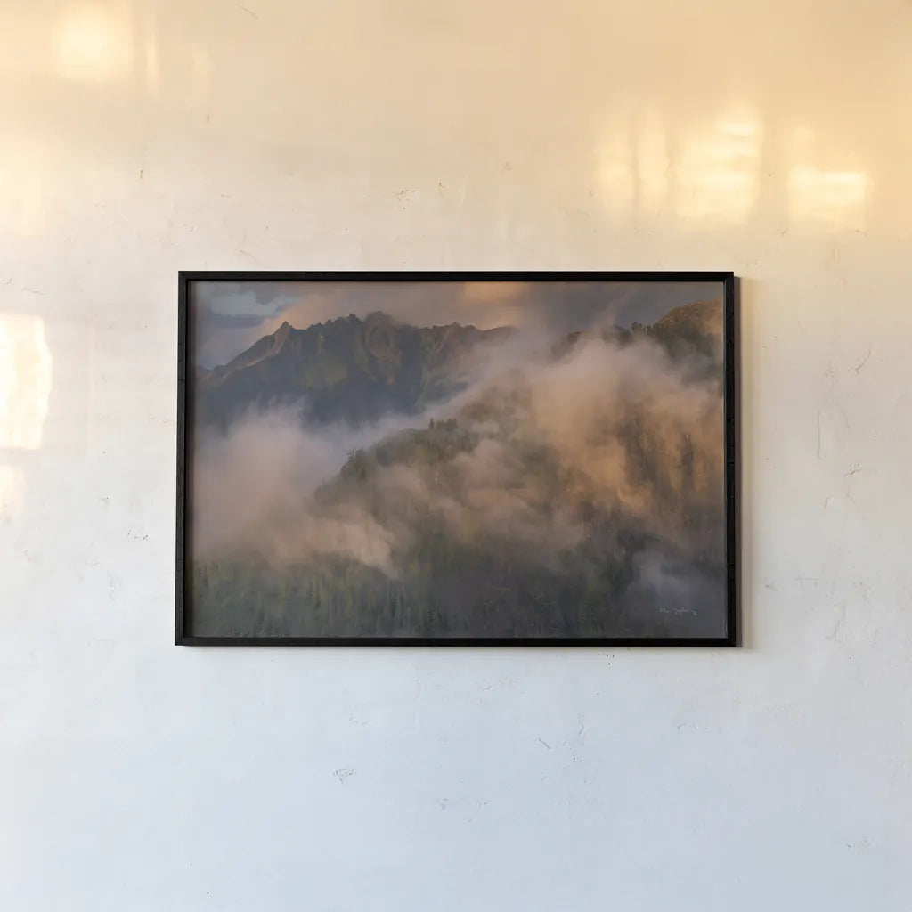 Misty North Cascades by Alan Majchrowicz. shown as a paper print in a black flame. Available as a archival giclee rolled canvas, fine art paper, or poster print. SKU 84032i.