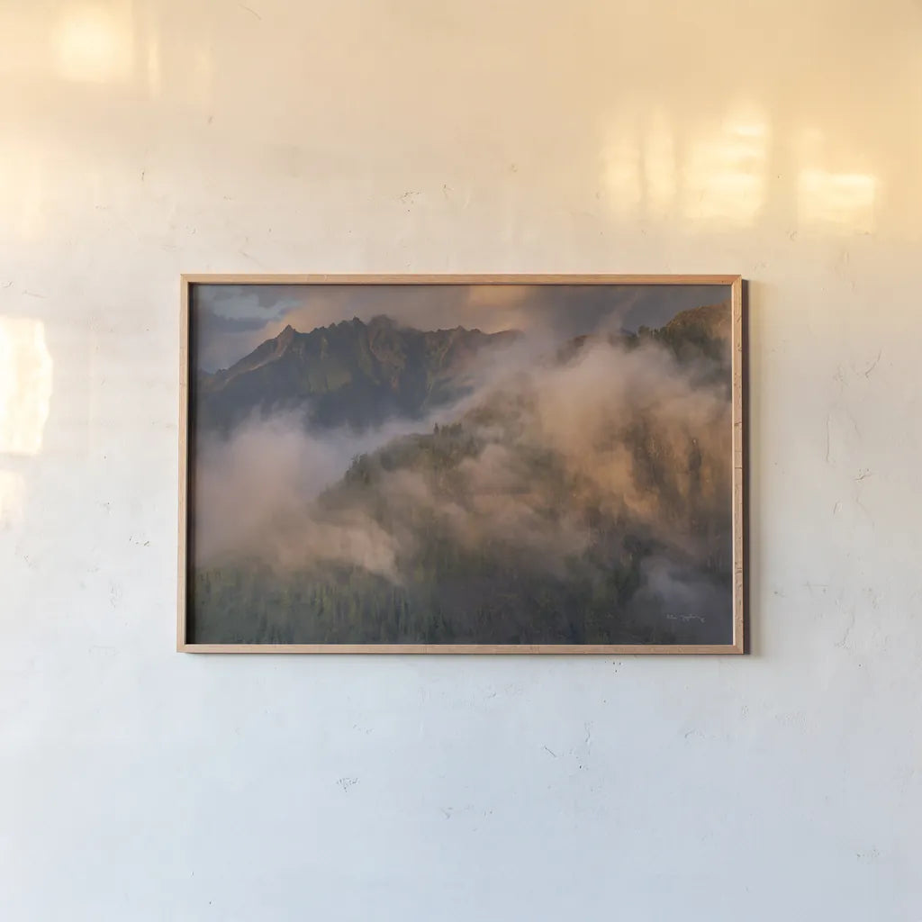 Misty North Cascades by Alan Majchrowicz. shown as a paper print in a natural frame. Available as a archival giclee rolled canvas, fine art paper, or poster print. SKU 84032i.