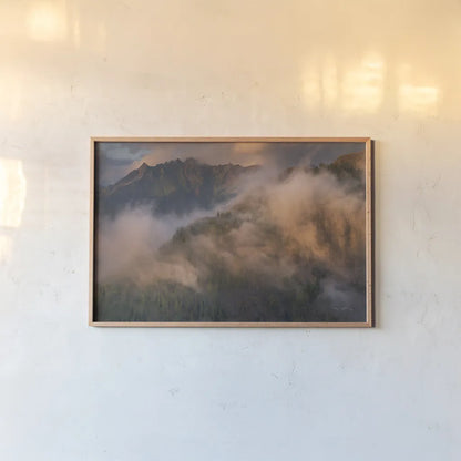 Misty North Cascades by Alan Majchrowicz. shown as a paper print in a natural frame. Available as a archival giclee rolled canvas, fine art paper, or poster print. SKU 84032i.