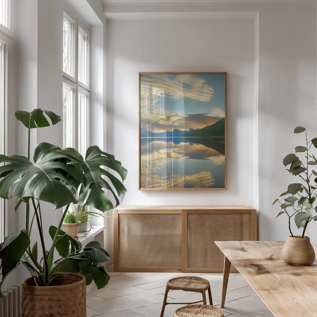 Montana Sunrise by Alan Majchrowicz. shown as a print in a natural wood frame in a dining room. Available as a archival giclee rolled canvas, fine art paper, or poster print. SKU 68098h.