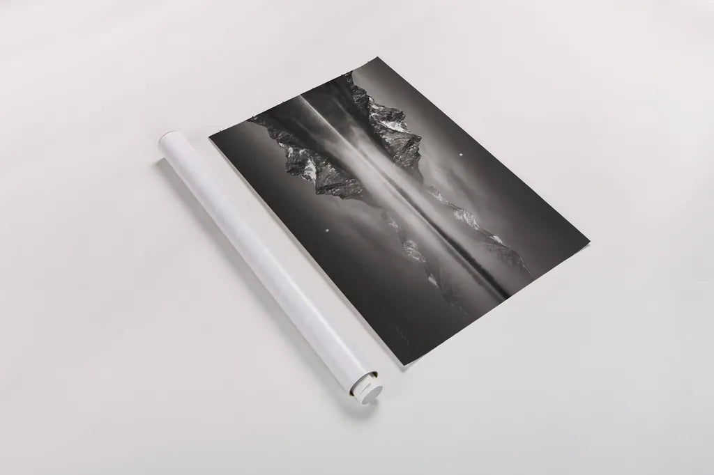 Moonset on McGown Peak by Alan Majchrowicz. shown as a rolled paper print. Available as archival giclee rolled canvas, fine art paper, or poster print. SKU 64541i.