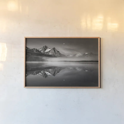 Moonset on McGown Peak by Alan Majchrowicz. shown as a paper print in a natural frame. Available as a archival giclee rolled canvas, fine art paper, or poster print. SKU 64541i.