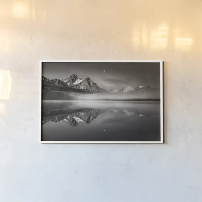 Moonset on McGown Peak by Alan Majchrowicz. shown as a paper print in a white frame. Available as a archival giclee rolled canvas, fine art paper, or poster print. SKU 64541i.