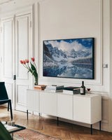 Moraine Lake by Alan Majchrowicz. shown as a framed stretched canvas in a living room above a console. Available as a archival giclee rolled canvas, fine art paper, or poster print. SKU 28084i.