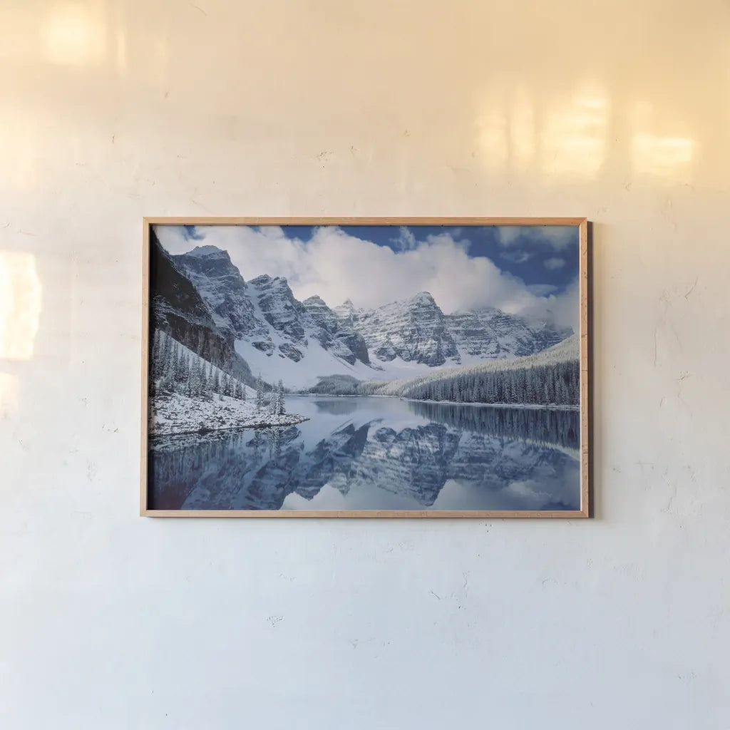 Moraine Lake by Alan Majchrowicz. shown as a paper print in a natural frame. Available as a archival giclee rolled canvas, fine art paper, or poster print. SKU 28084i.