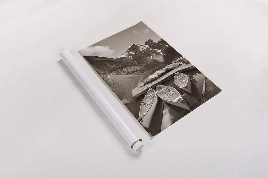 Moraine Lake Three Canoes Crop by Alan Majchrowicz. shown as a rolled paper print. Available as archival giclee rolled canvas, fine art paper, or poster print. SKU 43058h.