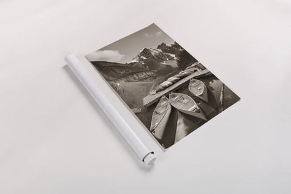 Moraine Lake Three Canoes Crop by Alan Majchrowicz. shown as a rolled paper print. Available as archival giclee rolled canvas, fine art paper, or poster print. SKU 43058h.