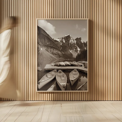 Moraine Lake Three Canoes Crop by Alan Majchrowicz. shown as over sized large wall art. Available as an archival giclee rolled canvas, fine art paper, or poster print. SKU 43058h.