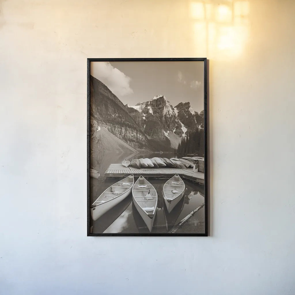 Moraine Lake Three Canoes Crop by Alan Majchrowicz. shown as a paper print in a black flame. Available as a archival giclee rolled canvas, fine art paper, or poster print. SKU 43058h.