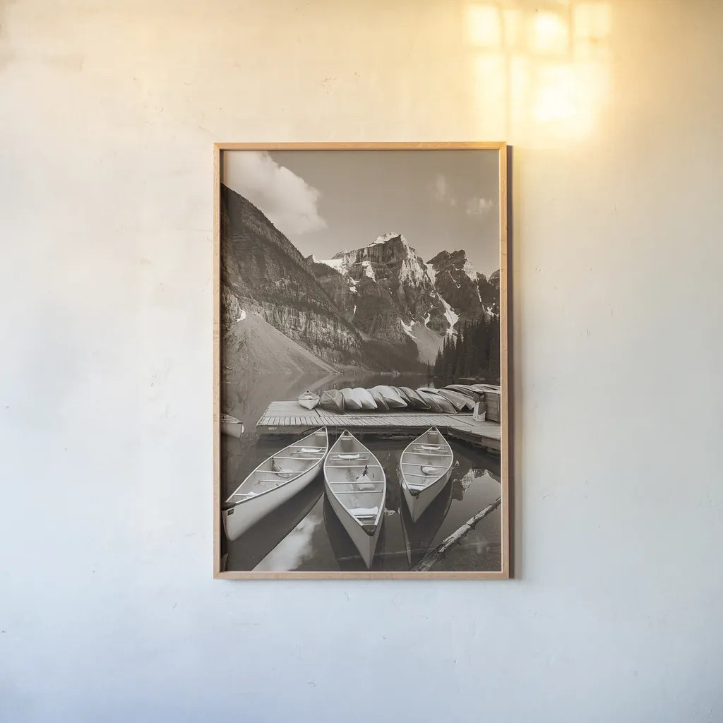 Moraine Lake Three Canoes Crop by Alan Majchrowicz. shown as a paper print in a natural frame. Available as a archival giclee rolled canvas, fine art paper, or poster print. SKU 43058h.