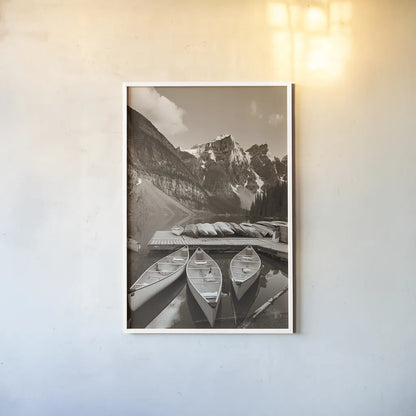 Moraine Lake Three Canoes Crop by Alan Majchrowicz. shown as a paper print in a white frame. Available as a archival giclee rolled canvas, fine art paper, or poster print. SKU 43058h.