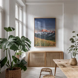 Mount Baker Wildflowers by Alan Majchrowicz. shown as a print in a natural wood frame in a dining room. Available as a archival giclee rolled canvas, fine art paper, or poster print. SKU 86350h.