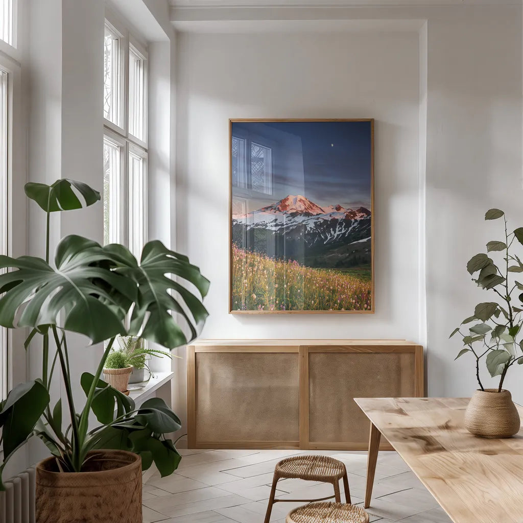 Mount Baker Wildflowers by Alan Majchrowicz. shown as a print in a natural wood frame in a dining room. Available as a archival giclee rolled canvas, fine art paper, or poster print. SKU 86350h.
