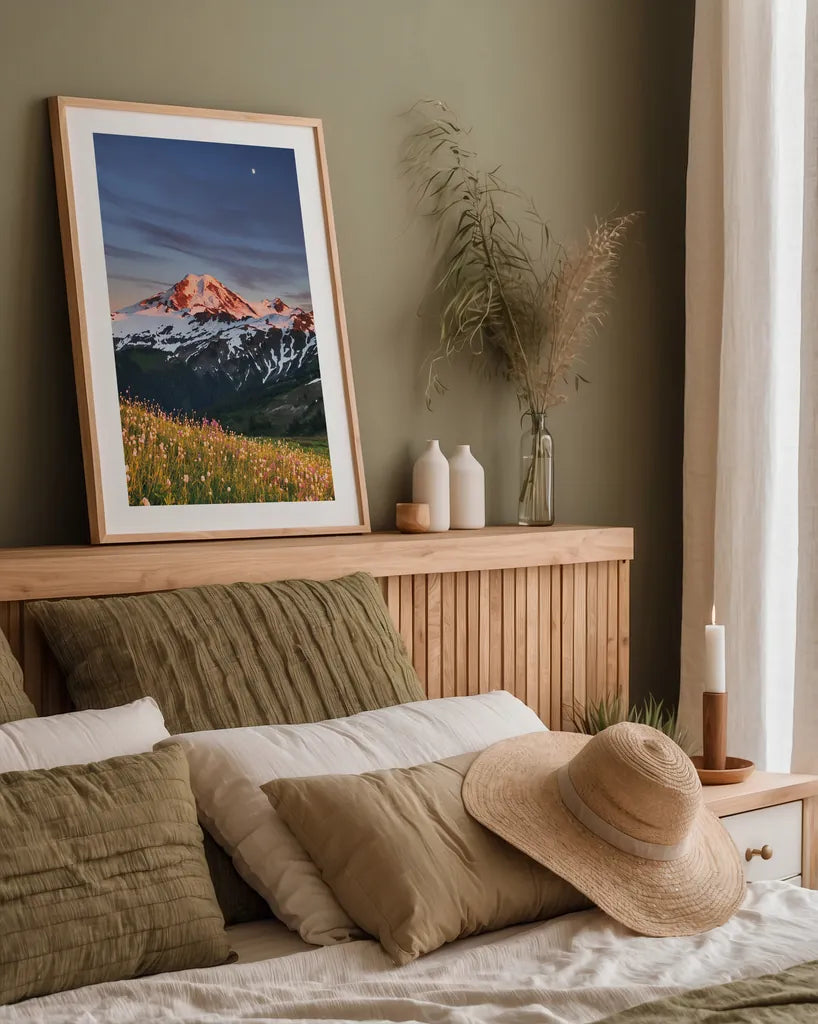 Mount Baker Wildflowers by Alan Majchrowicz. shown as a paper print in a natural frame. Available as a archival giclee rolled canvas, fine art paper, or poster print. SKU 86350h.