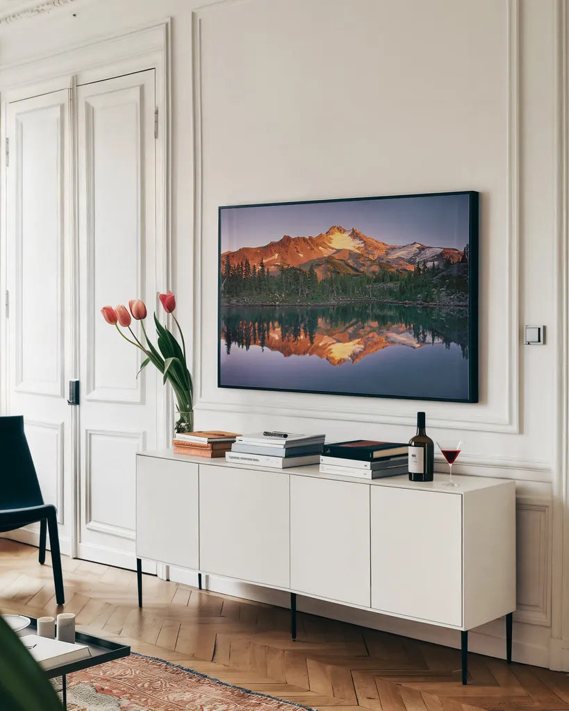 Mount Jefferson by Alan Majchrowicz. shown as a framed stretched canvas in a living room above a console. Available as a archival giclee rolled canvas, fine art paper, or poster print. SKU 28083i.