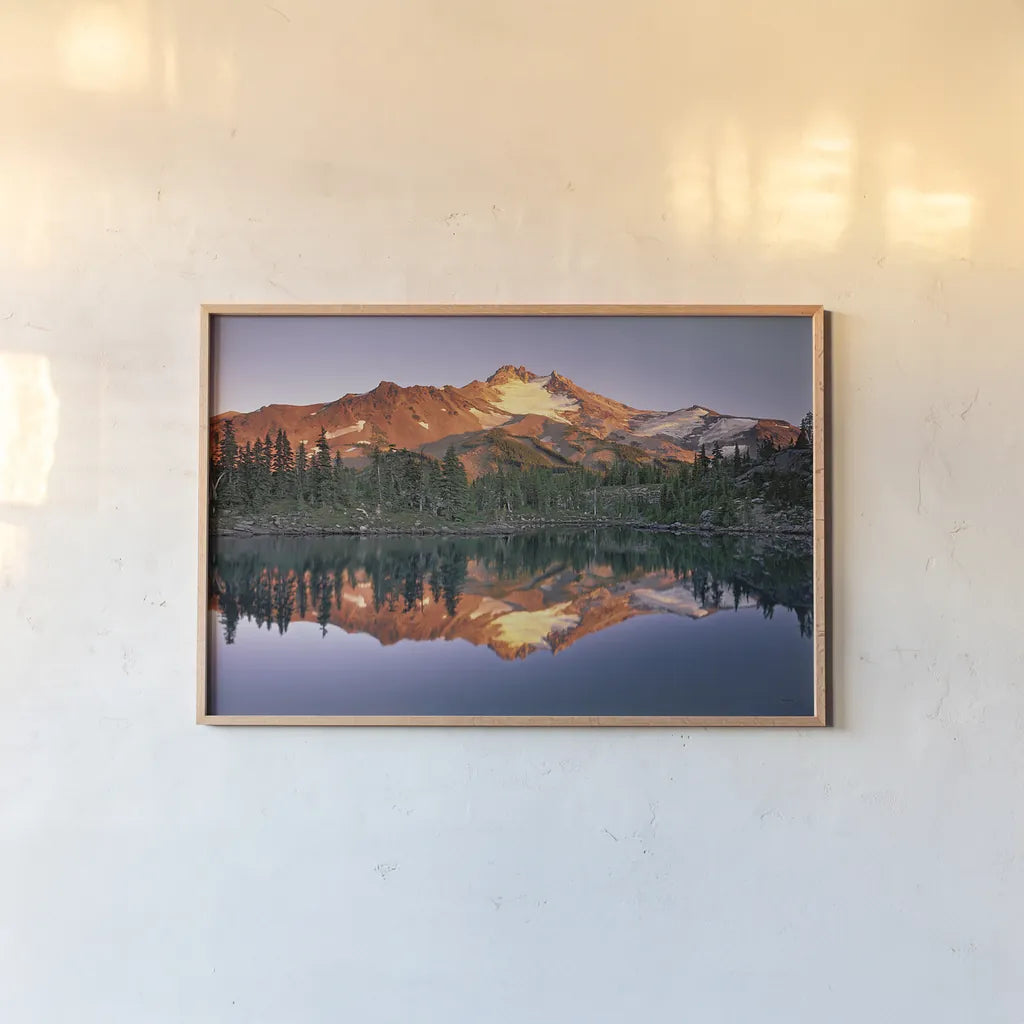 Mount Jefferson by Alan Majchrowicz. shown as a paper print in a natural frame. Available as a archival giclee rolled canvas, fine art paper, or poster print. SKU 28083i.