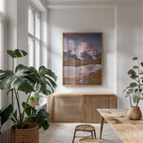 Mount Robson by Alan Majchrowicz. shown as a print in a natural wood frame in a dining room. Available as a archival giclee rolled canvas, fine art paper, or poster print. SKU 28091h.