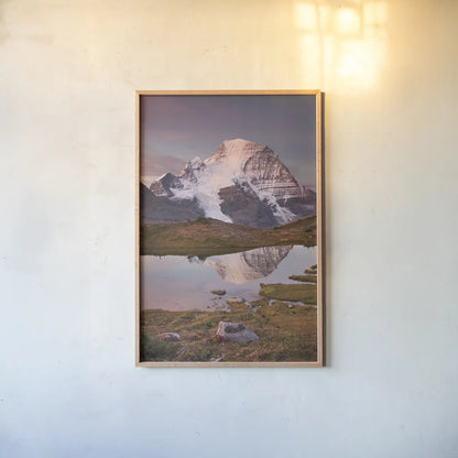 Mount Robson by Alan Majchrowicz. shown as a paper print in a natural frame. Available as a archival giclee rolled canvas, fine art paper, or poster print. SKU 28091h.