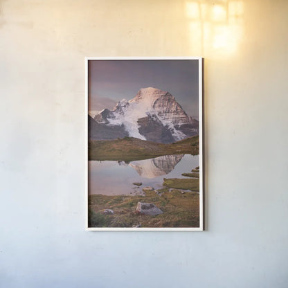 Mount Robson by Alan Majchrowicz. shown as a paper print in a white frame. Available as a archival giclee rolled canvas, fine art paper, or poster print. SKU 28091h.