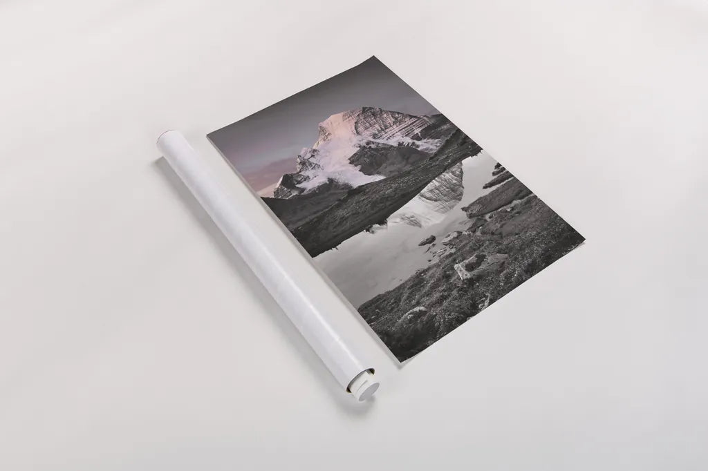 Mount Robson BW with Color by Alan Majchrowicz. shown as a rolled paper print. Available as archival giclee rolled canvas, fine art paper, or poster print. SKU 28186h.