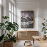 Mount Robson BW with Color by Alan Majchrowicz. shown as a print in a natural wood frame in a dining room. Available as a archival giclee rolled canvas, fine art paper, or poster print. SKU 28186h.