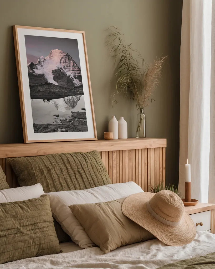 Mount Robson BW with Color by Alan Majchrowicz. shown as a paper print in a natural frame. Available as a archival giclee rolled canvas, fine art paper, or poster print. SKU 28186h.