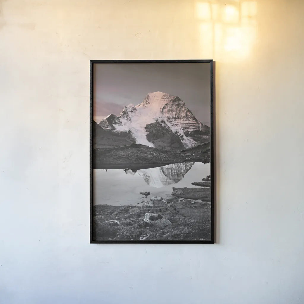 Mount Robson BW with Color by Alan Majchrowicz. shown as a paper print in a black flame. Available as a archival giclee rolled canvas, fine art paper, or poster print. SKU 28186h.