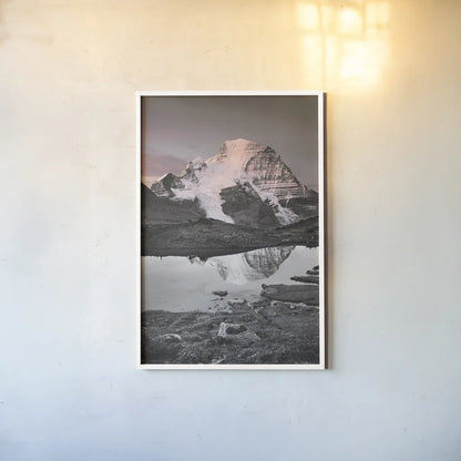 Mount Robson BW with Color by Alan Majchrowicz. shown as a paper print in a white frame. Available as a archival giclee rolled canvas, fine art paper, or poster print. SKU 28186h.