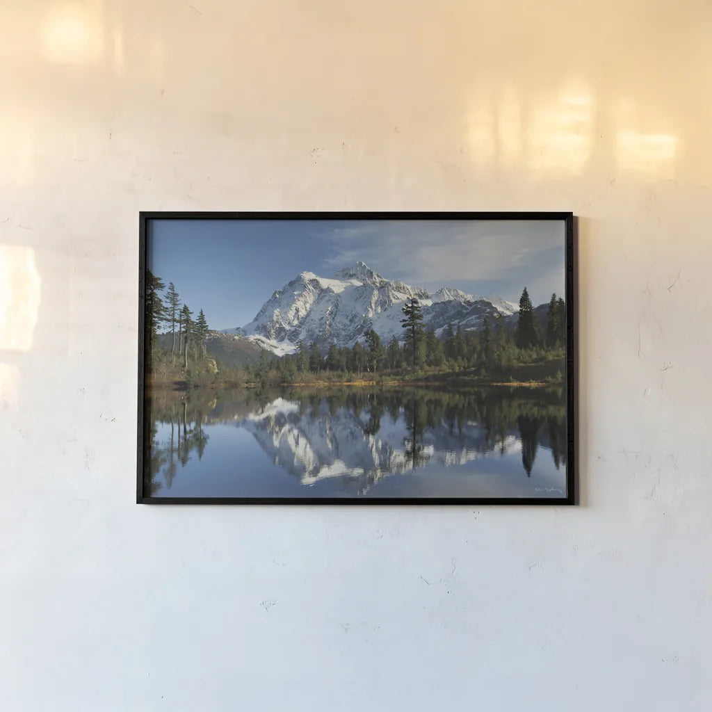 Mount Shukan Reflection I by Alan Majchrowicz. shown as a paper print in a black flame. Available as a archival giclee rolled canvas, fine art paper, or poster print. SKU 28101i.
