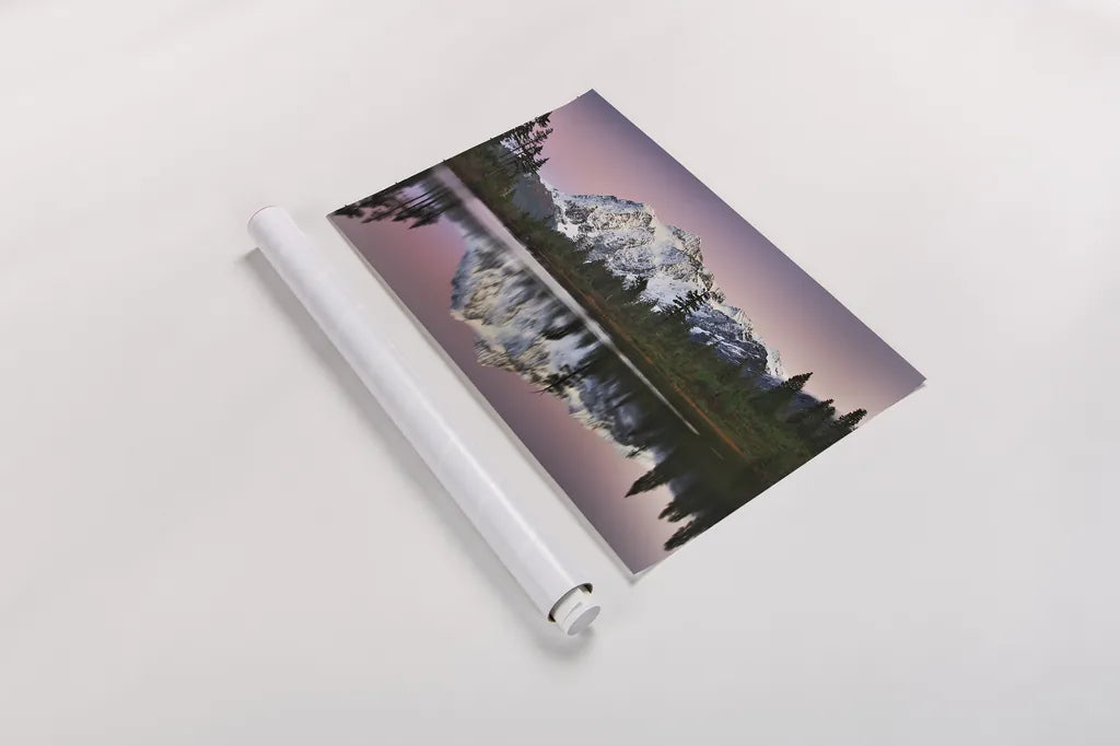 Mount Shukan Reflection II by Alan Majchrowicz. shown as a rolled paper print. Available as archival giclee rolled canvas, fine art paper, or poster print. SKU 28102i.