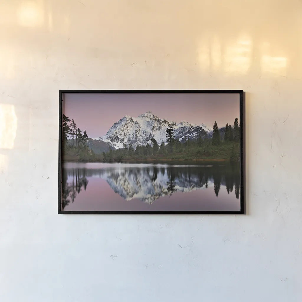 Mount Shukan Reflection II by Alan Majchrowicz. shown as a paper print in a black flame. Available as a archival giclee rolled canvas, fine art paper, or poster print. SKU 28102i.