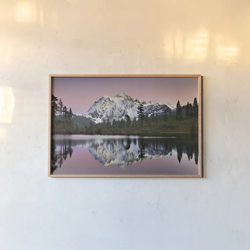 Mount Shukan Reflection II by Alan Majchrowicz. shown as a paper print in a natural frame. Available as a archival giclee rolled canvas, fine art paper, or poster print. SKU 28102i.