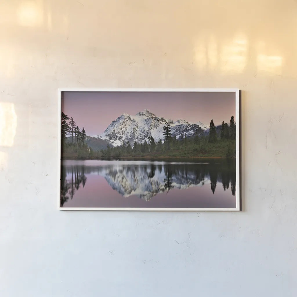 Mount Shukan Reflection II by Alan Majchrowicz. shown as a paper print in a white frame. Available as a archival giclee rolled canvas, fine art paper, or poster print. SKU 28102i.
