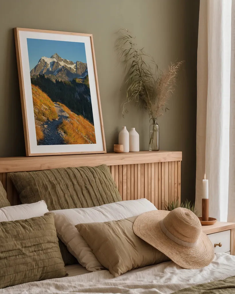 Mount Shuksan North Cascades by Alan Majchrowicz. shown as a paper print in a natural frame. Available as a archival giclee rolled canvas, fine art paper, or poster print. SKU 62394h.