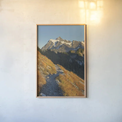 Mount Shuksan North Cascades by Alan Majchrowicz. shown as a paper print in a natural frame. Available as a archival giclee rolled canvas, fine art paper, or poster print. SKU 62394h.