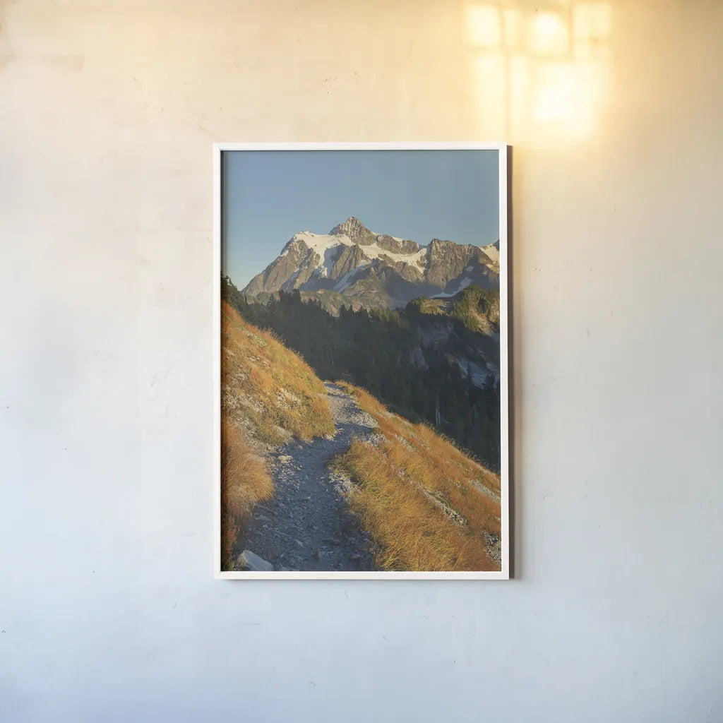 Mount Shuksan North Cascades by Alan Majchrowicz. shown as a paper print in a white frame. Available as a archival giclee rolled canvas, fine art paper, or poster print. SKU 62394h.
