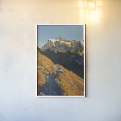 Mount Shuksan North Cascades by Alan Majchrowicz. shown as a paper print in a white frame. Available as a archival giclee rolled canvas, fine art paper, or poster print. SKU 62394h.