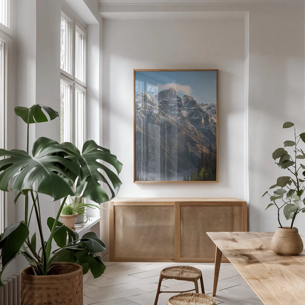 Mount Tupper Selkirk Mountains British Columbia by Alan Majchrowicz. shown as a print in a natural wood frame in a dining room. Available as a archival giclee rolled canvas, fine art paper, or poster print. SKU 90656h.