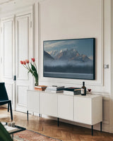 Mount Vaux and Emerald Lake by Alan Majchrowicz. shown as a framed stretched canvas in a living room above a console. Available as a archival giclee rolled canvas, fine art paper, or poster print. SKU 90657i.