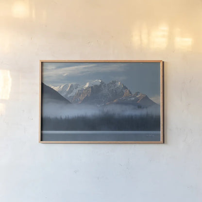 Mount Vaux and Emerald Lake by Alan Majchrowicz. shown as a paper print in a natural frame. Available as a archival giclee rolled canvas, fine art paper, or poster print. SKU 90657i.