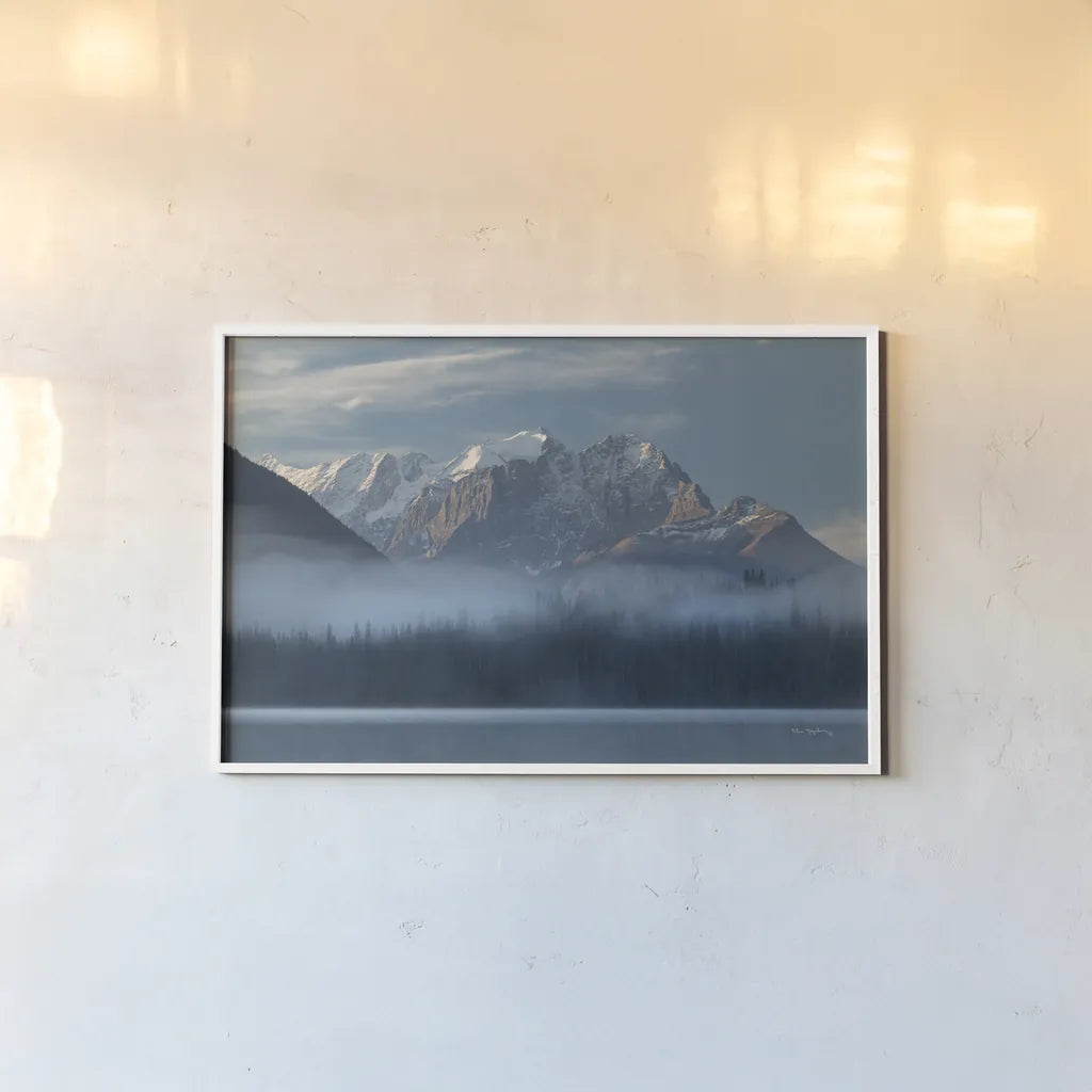 Mount Vaux and Emerald Lake by Alan Majchrowicz. shown as a paper print in a white frame. Available as a archival giclee rolled canvas, fine art paper, or poster print. SKU 90657i.
