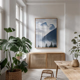 Mountain Fog by Alan Majchrowicz. shown as a print in a natural wood frame in a dining room. Available as a archival giclee rolled canvas, fine art paper, or poster print. SKU 77221h.