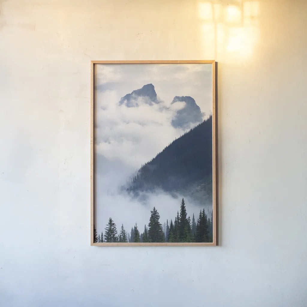 Mountain Fog by Alan Majchrowicz. shown as a paper print in a natural frame. Available as a archival giclee rolled canvas, fine art paper, or poster print. SKU 77221h.